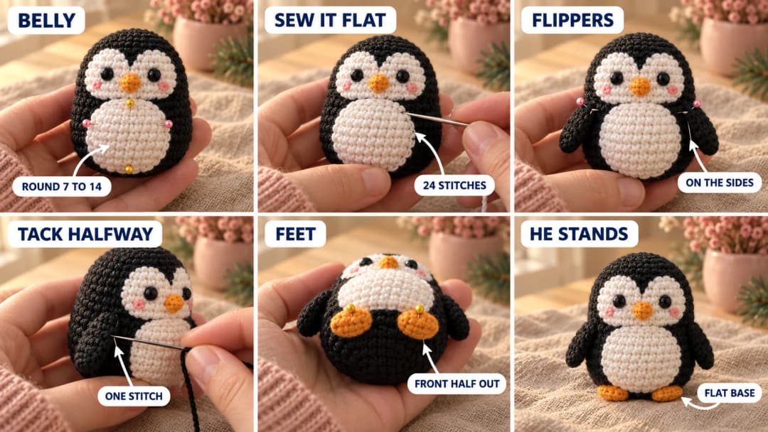 Step 3 of the crochet penguin keychain in six photos: the white belly circle pinned and whipstitched to the front of the black body, a black flipper pinned on each side at round 14, the inner side of a flipper tacked halfway down, the penguin upside down with two orange feet pinned on the flat base, and the penguin standing on the table with his feet peeking out