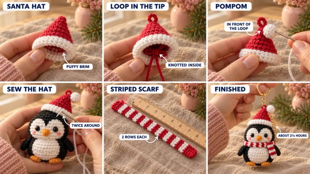 Step 4 of the crochet penguin keychain in six photos: a red Santa hat worked from the tip with a puffy white brim, the short red loop pulled through the tip and knotted inside, a white pompom sewn in front of the loop, the hat whipstitched to round 18 of the head, a small red and white striped scarf in 2-row stripes, and the finished penguin with his scarf wrapped and one end hanging down