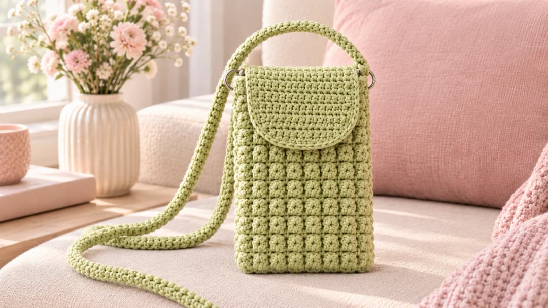 Pistachio green crochet phone bag with columns of raised bobbles, a rounded flap and a twisted crossbody strap