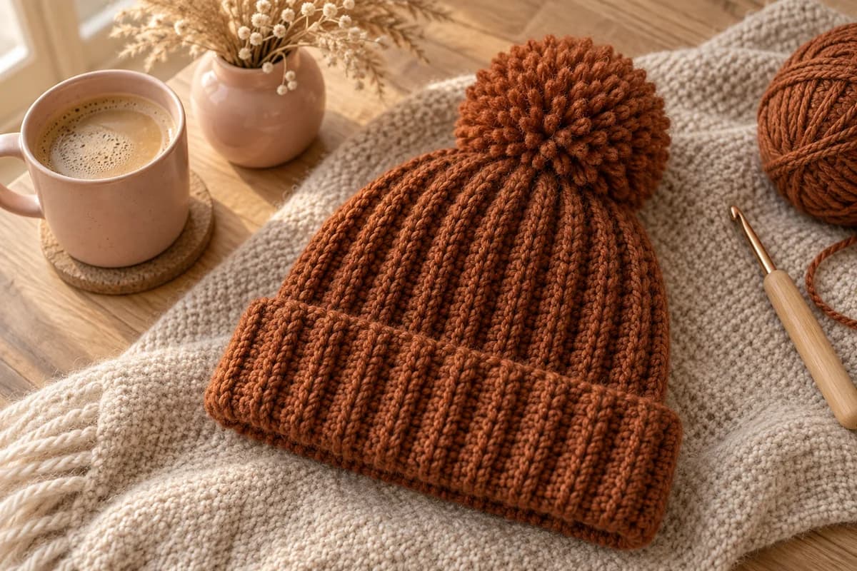 Rust brown ribbed crochet beanie with a deep fold-up cuff and a big fluffy pom-pom, lying on an oatmeal knit throw beside a blush pink mug, a ball of rust yarn and a crochet hook