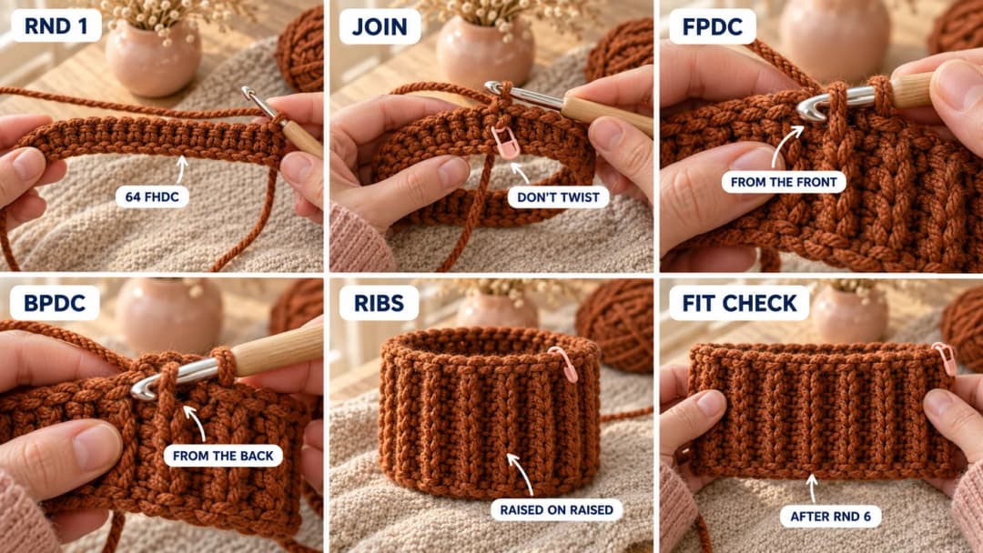 Part 1 and Part 2 of the crochet pom pom hat: a strip of foundation half double crochet in rust yarn, joined into a ring, the hook going around a post from the front and from the back, and the first rounds of ribbing