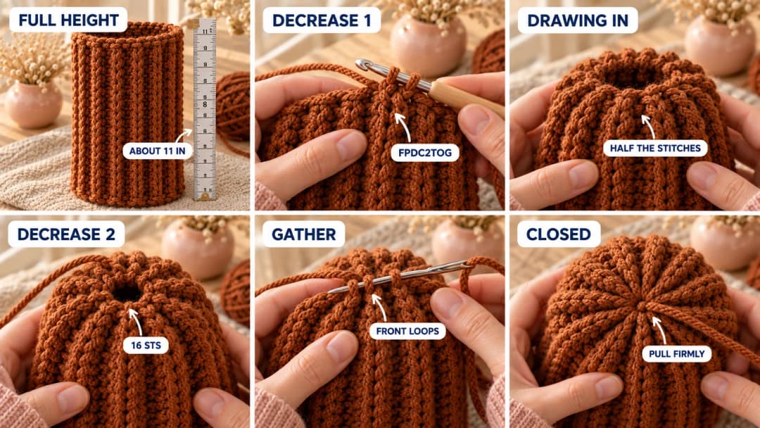 Part 3 of the crochet pom pom hat: the rust ribbed tube, the hook working a front post decrease, the top drawing in after two decrease rounds, and the tail weaving through the last stitches and gathering the crown closed
