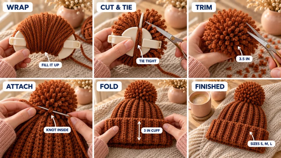 Part 4 and Part 5 of the crochet pom pom hat: wrapping rust yarn around a pom-pom maker, cutting and tying it, trimming it round, sewing it to the gathered crown and folding up the 3-inch cuff on the finished beanie