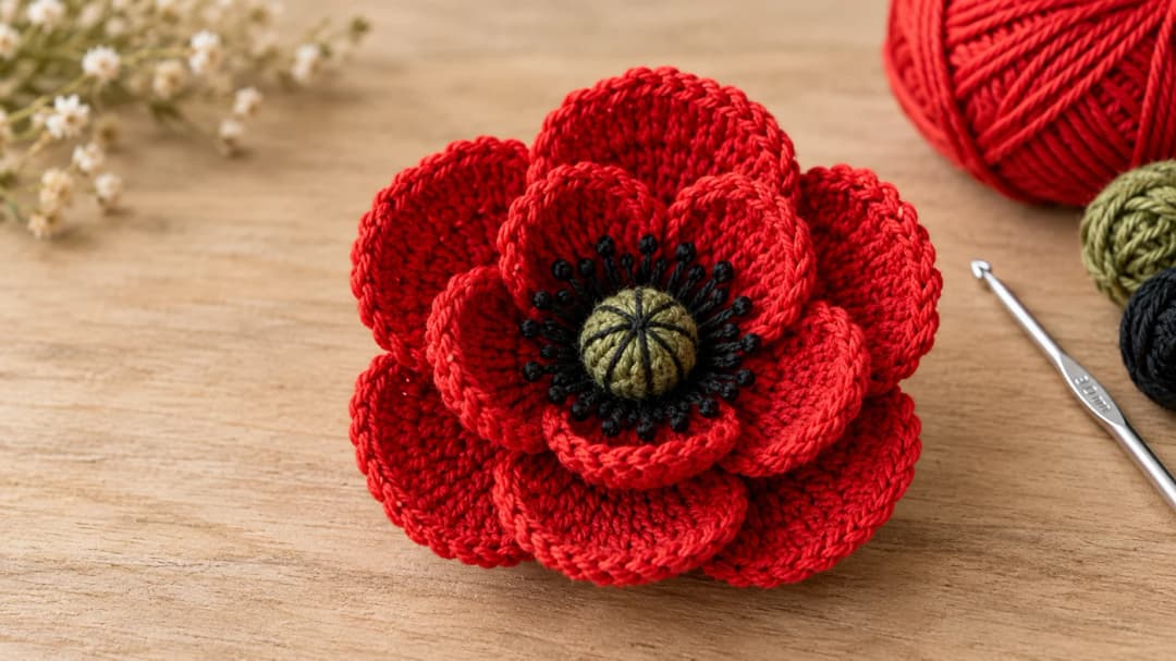 Layered red crochet poppy with ten cupped petals, black stamens and a green seed-pod center on a light oak table