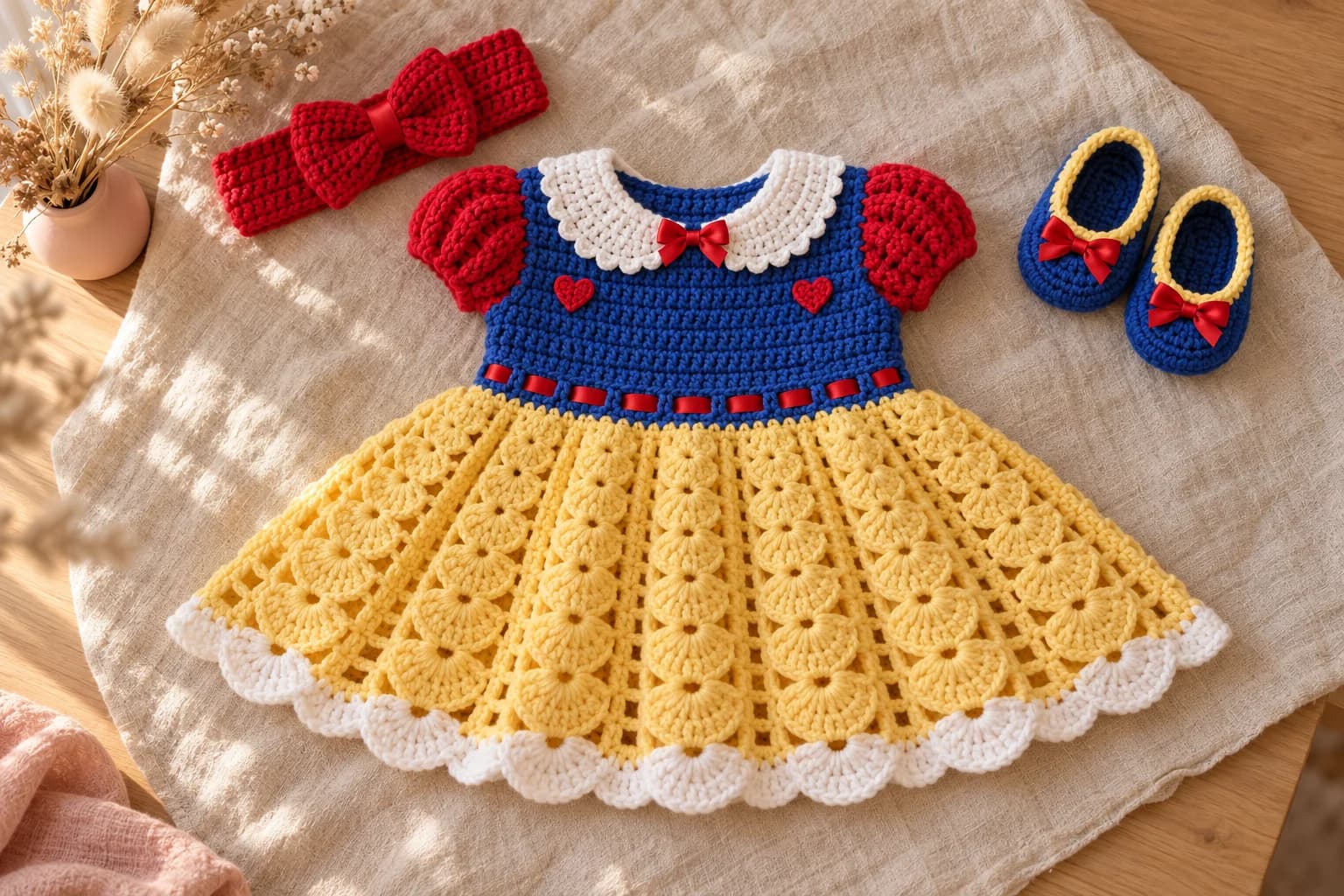 Crochet princess dress for a baby laid flat on oatmeal linen: a royal blue circular yoke and bodice, a white two-piece collar with a little red satin bow, red cap sleeves with a small red crochet heart in front of each one, a red ribbon woven through the waist, a full buttery yellow skirt in columns of shell stitch and a white scalloped hem, next to a pair of royal blue ballet slipper booties with yellow rims and red bows and a red headband with a big crochet bow