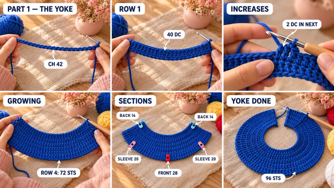 Step 1 of the crochet princess dress: a royal blue foundation chain on a 5 mm hook, a first row of 40 double crochet, the yoke growing row by row into a flat half circle with evenly spaced increases, and the finished blue circular yoke with stitch markers dividing the back halves, sleeves and front