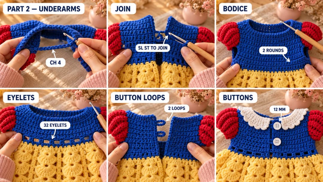 Step 2 of the crochet princess dress: the sleeve stitches skipped with a short blue chain at each underarm, the bodice joined into a round at the back, blue double crochet rounds to the waist, an eyelet round of double crochet and chain spaces, and two small button loops on the back opening
