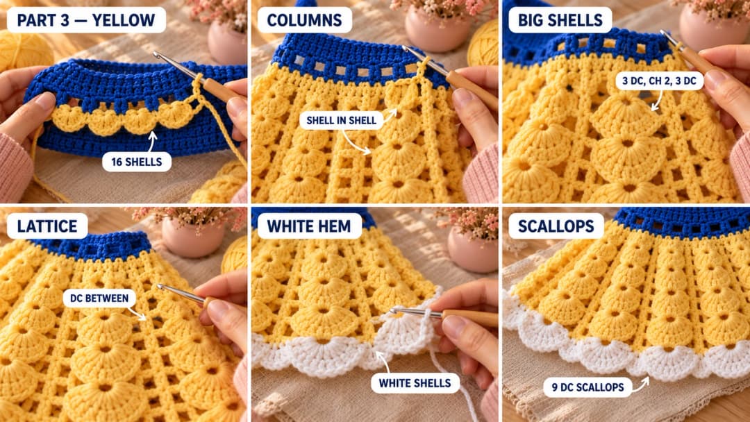 Step 3 of the crochet princess dress: the first round of buttery yellow shells worked into every other blue eyelet, columns of small shells, bigger three double crochet shells making the skirt flare, a white round of shells, and the finished white scalloped hem with one big scallop under each yellow column