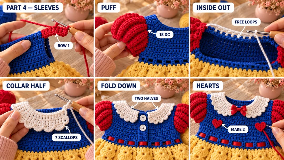 Step 4 of the crochet princess dress: a red cap sleeve worked in three short rows across the armhole, the cap puffing over the shoulder, the dress turned inside out with a white collar half growing from the free loops of the blue neckline chain, the two scalloped collar halves folded down, and two tiny red crochet hearts sewn on the blue yoke