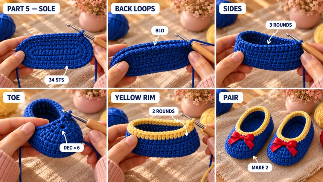 Step 5 of the crochet princess dress set: a royal blue oval sole growing in rounds on a 4 mm hook, a back loop round turning up the edge, low blue sides, decreases curving the toe, a buttery yellow rim around the open top, and the pair of finished ballet slipper booties with red satin bows