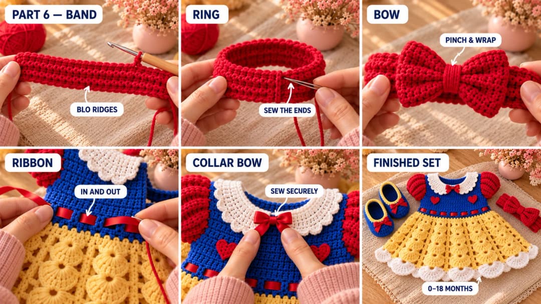 Step 6 of the crochet princess dress set: a red strip of back loop half double crochet sewn into a headband, a red crochet bow pinched in the middle and wrapped with a small strip, a red satin ribbon woven through the blue waist eyelets, a red bow sewn where the white collar halves meet, and the finished dress laid flat with its booties and headband