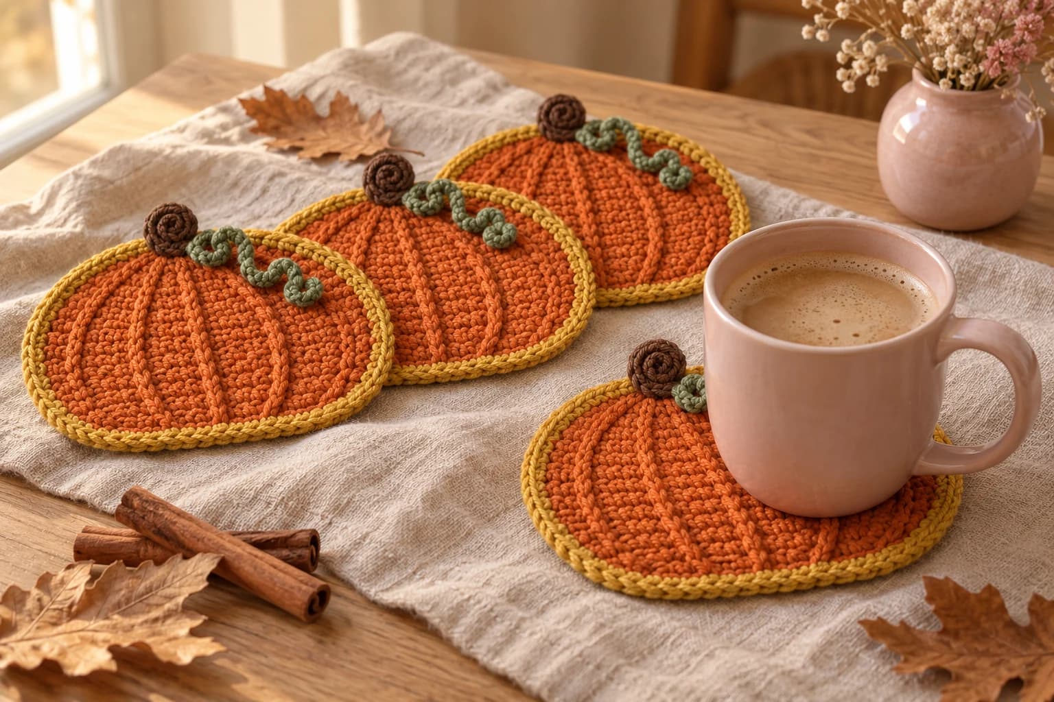 Easy crochet pumpkin coaster pattern: three flat orange pumpkin coasters with raised ribs, braided mustard borders, rolled brown stems and curly green vines in a row on an oatmeal linen runner, and a fourth one in front under a blush pink mug of coffee, with cinnamon sticks, dried oak leaves and a pink vase of dried flowers