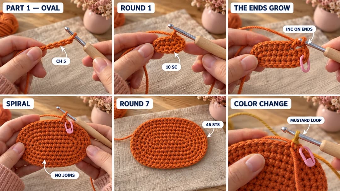 Part 1 of the crochet pumpkin coaster: an orange chain of 5, Round 1 with 10 single crochet around both sides of the chain, increases on the ends, the spiral with a pink marker and no joins, the flat 46-stitch oval after Round 7, and a mustard loop pulled through for the color change