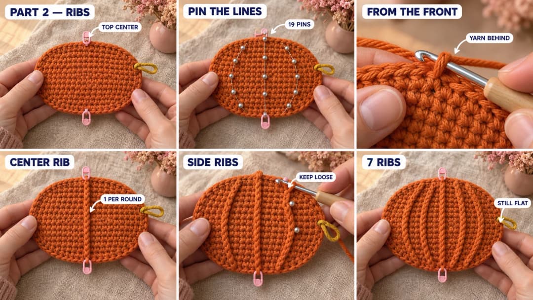 Part 2 of the crochet pumpkin coaster: pink markers at the top and bottom center of the orange oval, pearl-head pins marking the rib lines, the hook pulling a surface slip stitch loop through with the yarn behind, the center rib, the side ribs worked loosely toward the pins, and the oval with seven raised ribs still lying flat