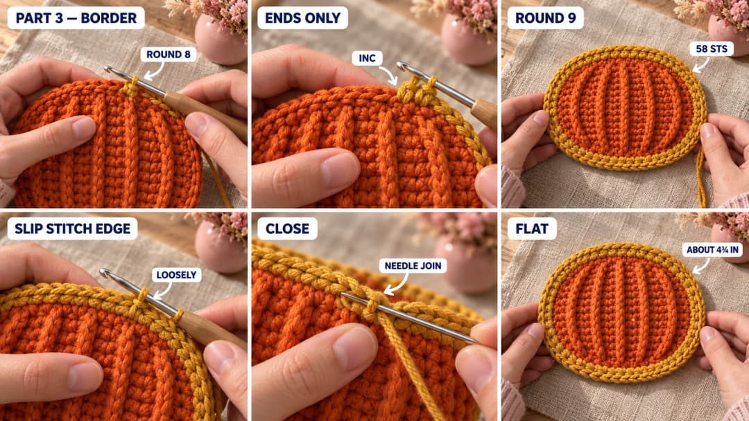 Part 3 of the crochet pumpkin coaster: the first mustard single crochet of Round 8, an increase on a curved end, two mustard rounds with 58 stitches, the loose slip stitch edge, the needle join closing the braid, and the flat ribbed coaster about 4¾ inches wide