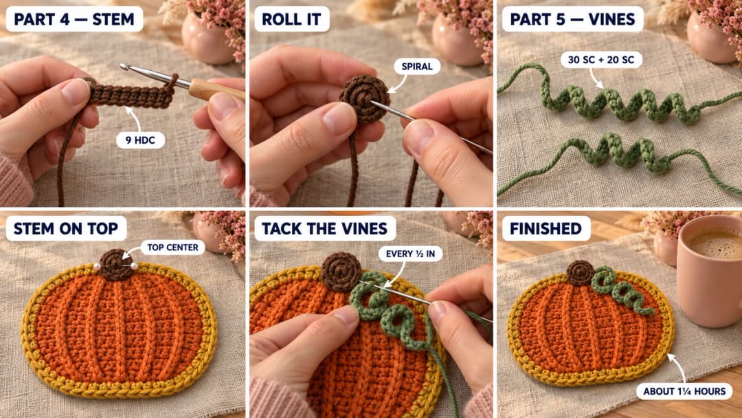 Parts 4 and 5 of the crochet pumpkin coaster: a brown strip of 9 half double crochet, the strip rolled into a spiral stem, two green corkscrew vines of 30 and 20 single crochet, the stem pinned at the top center, a vine tacked down in loops every half inch, and the finished pumpkin coaster next to a blush pink mug