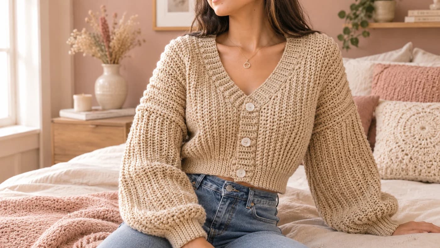 Oatmeal beige chunky crochet cardigan with vertical ribs, a deep V-neck, three cream buttons, a gathered ribbed waist and balloon sleeves, worn cropped over high-waisted jeans in a soft pink bedroom