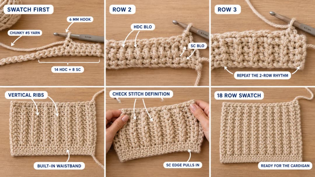 Six-step photo guide to the rib stitch swatch: 14 hdc plus 8 sc on a 6 mm hook, Row 2 in hdc and sc through the back loop, Row 3, the vertical ribs with the built-in waistband, the sc edge pulling in, and the finished 18-row swatch