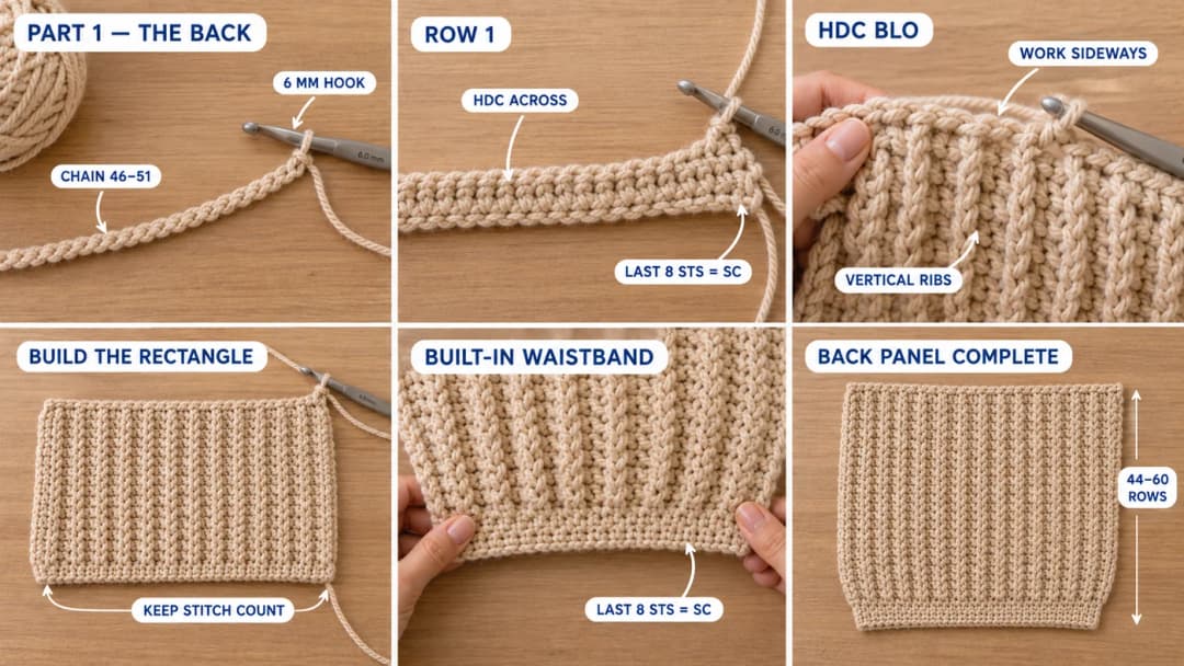 Six-step photo guide to the back of the ribbed cardigan: chain 46 to 51, Row 1 with the last 8 stitches in sc, hdc through the back loop worked sideways, building the rectangle, the built-in waistband, and the finished back panel after 44 to 60 rows
