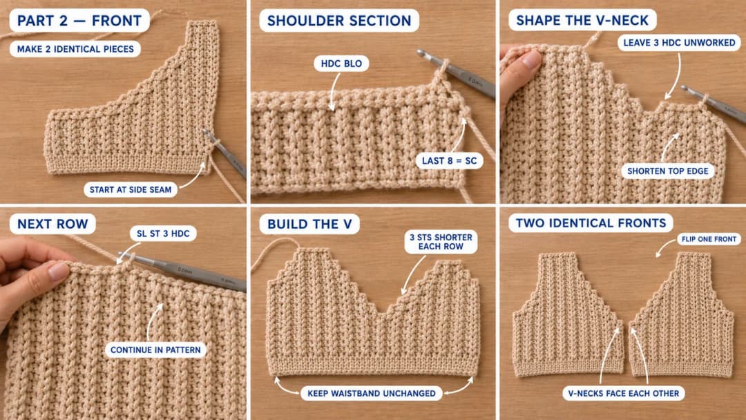 Six-step photo guide to the cardigan fronts: start at the side seam, the shoulder section, leaving 3 hdc unworked to shape the V-neck, slip stitching over 3 hdc on the next row, the V built 3 stitches shorter each row, and two identical fronts with one flipped