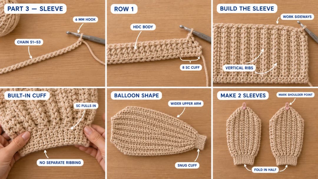 Six-step photo guide to the balloon sleeves: chain 51 to 53, Row 1 with an 8 sc cuff, the sleeve worked sideways in vertical ribs, the sc cuff pulling in, the balloon shape with a snug cuff, and two sleeves folded in half with the shoulder point marked