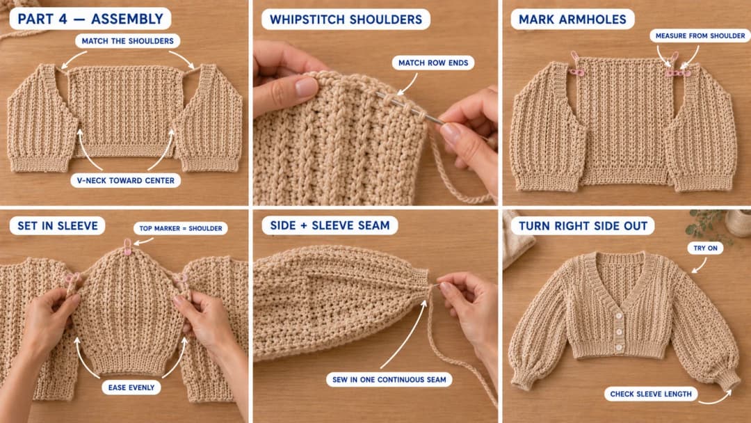 Six-step photo guide to assembling the cardigan: matching the shoulders with the V-necks toward the center, whipstitching the row ends, marking the armholes, easing in the sleeve with its top marker at the shoulder, sewing the side and sleeve seam in one pass, and trying it on