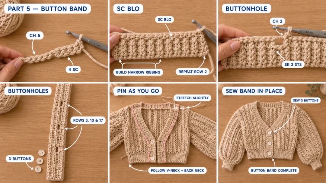 Six-step photo guide to the button band: chain 5 for 4 sc, sc through the back loop, a ch-2 buttonhole over 2 skipped stitches, buttonholes on Rows 3, 10 and 17, pinning the band up the V-neck and back neck, and the band sewn in place with 3 buttons