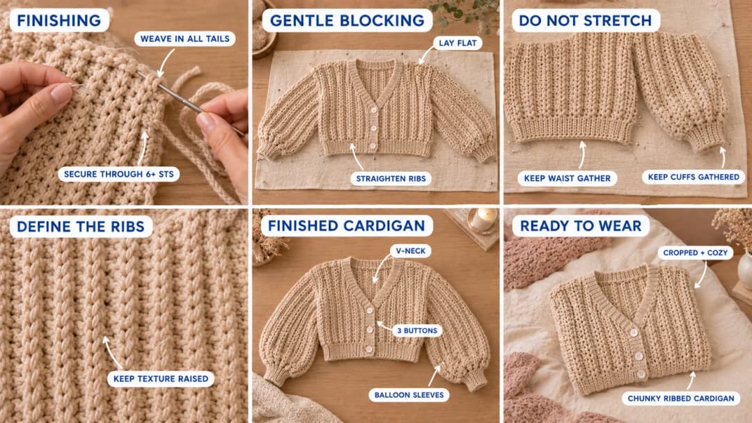 Six-step photo guide to finishing the ribbed chunky cardigan: weaving in tails, blocking it flat, keeping the waist and cuffs gathered, the raised rib texture, the finished cardigan with its V-neck, 3 buttons and balloon sleeves, and the cardigan folded and ready to wear