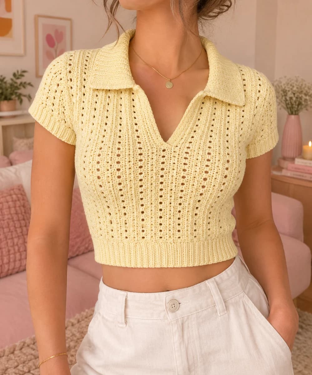 Pale butter yellow crochet crop top with a ribbed polo collar, a V neckline, short sleeves with ribbed cuffs and vertical eyelet ribs, worn with white high-waisted trousers in a soft pink living room