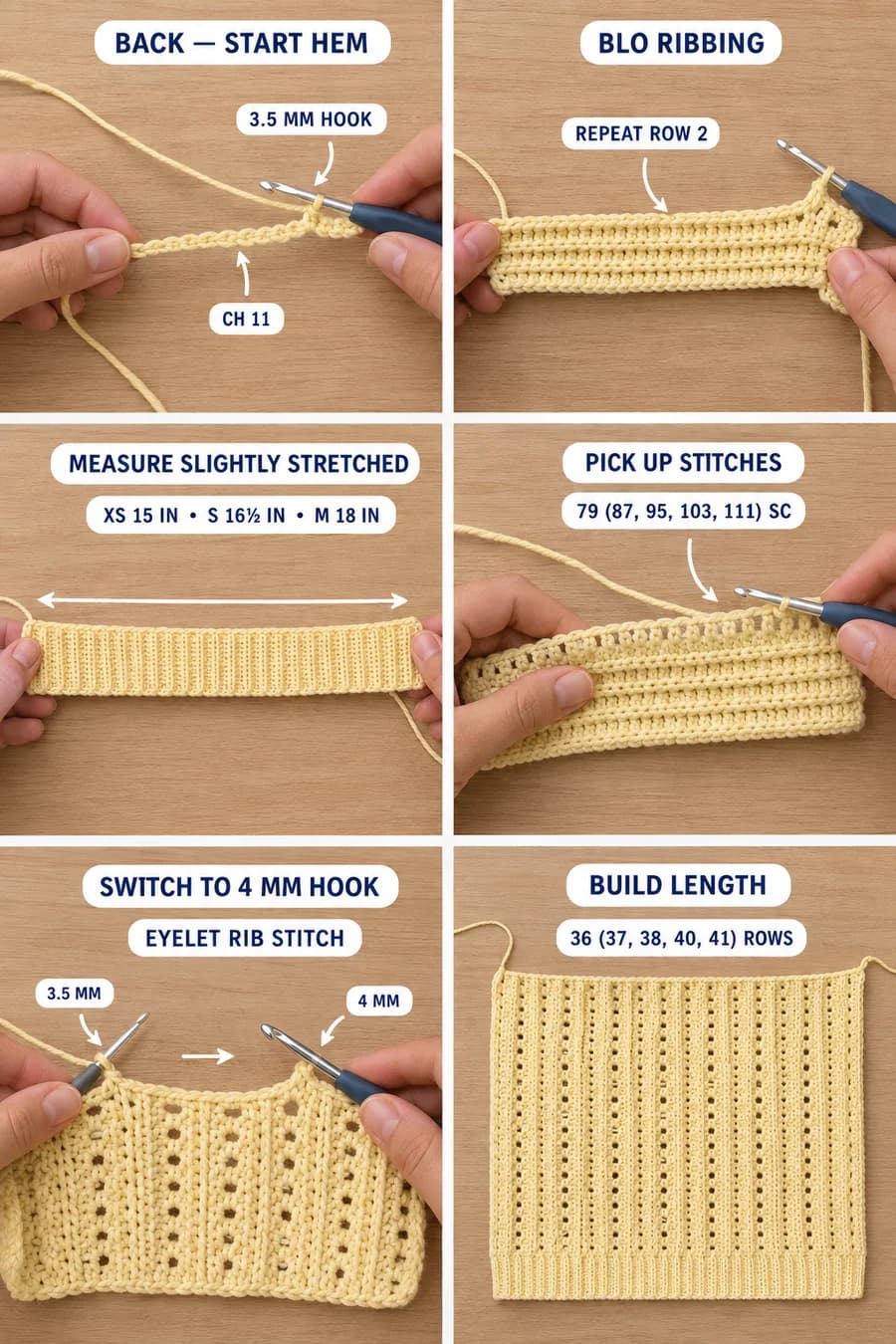 Six-step photo guide to starting the back of the crochet top: chain 11 on a 3.5 mm hook, the back-loop ribbing, measuring the hem band slightly stretched, picking up 79 (87, 95, 103, 111) sc, switching to the 4 mm hook for the eyelet rib, and building the length to 36 (37, 38, 40, 41) rows