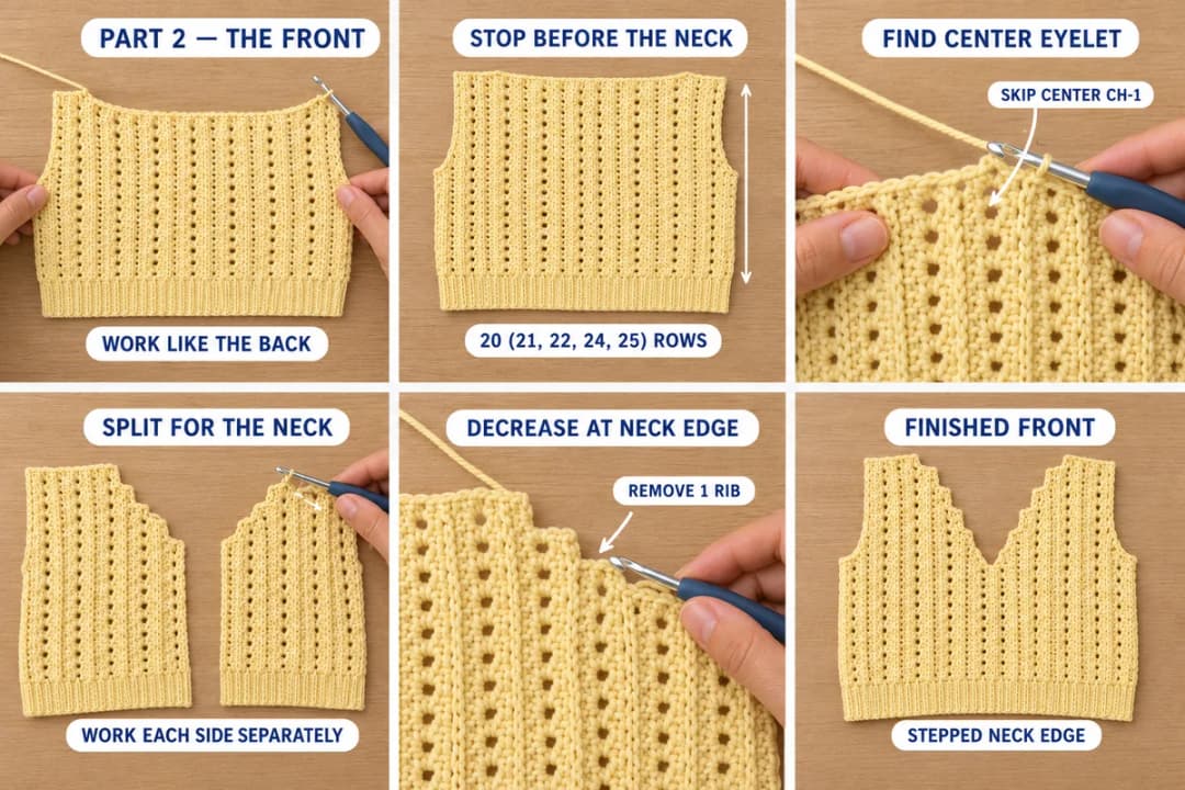 Six-step photo guide to the front of the crochet top: work like the back, stop after 20 (21, 22, 24, 25) rows, find and skip the center chain-1 eyelet, work each side separately, remove 1 rib at the neck edge, and the finished front with its stepped V neck