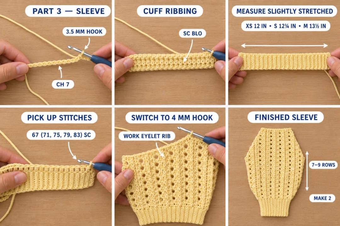 Six-step photo guide to the sleeve of the crochet top: chain 7 on a 3.5 mm hook, the back-loop cuff ribbing, measuring the cuff slightly stretched, picking up 67 (71, 75, 79, 83) sc, switching to the 4 mm hook for the eyelet rib, and the finished sleeve with its stepped cap after 7 to 9 straight rows