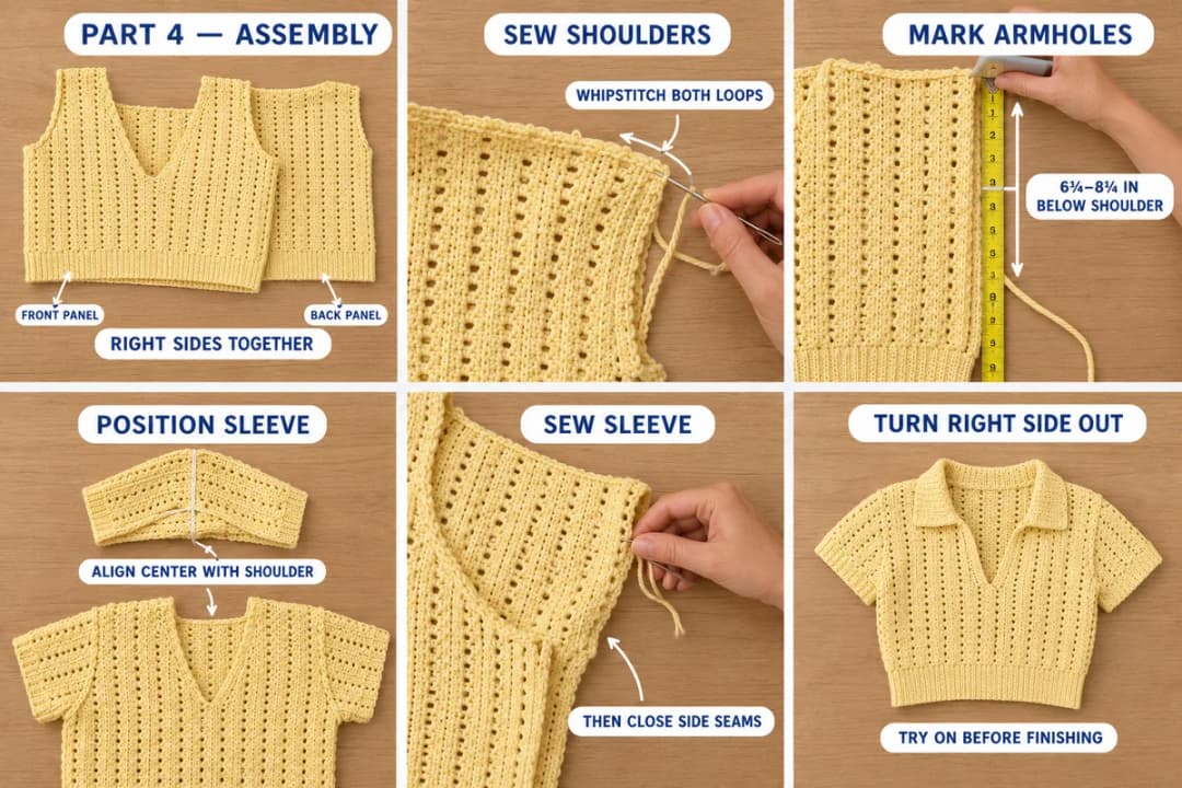 Six-step photo guide to assembling the crochet top: front and back panels with right sides together, whipstitching the shoulders through both loops, marking the armholes 6¾ to 8¼ in below the shoulder, aligning the sleeve center with the shoulder seam, sewing the sleeve then closing the side seams, and the top turned right side out