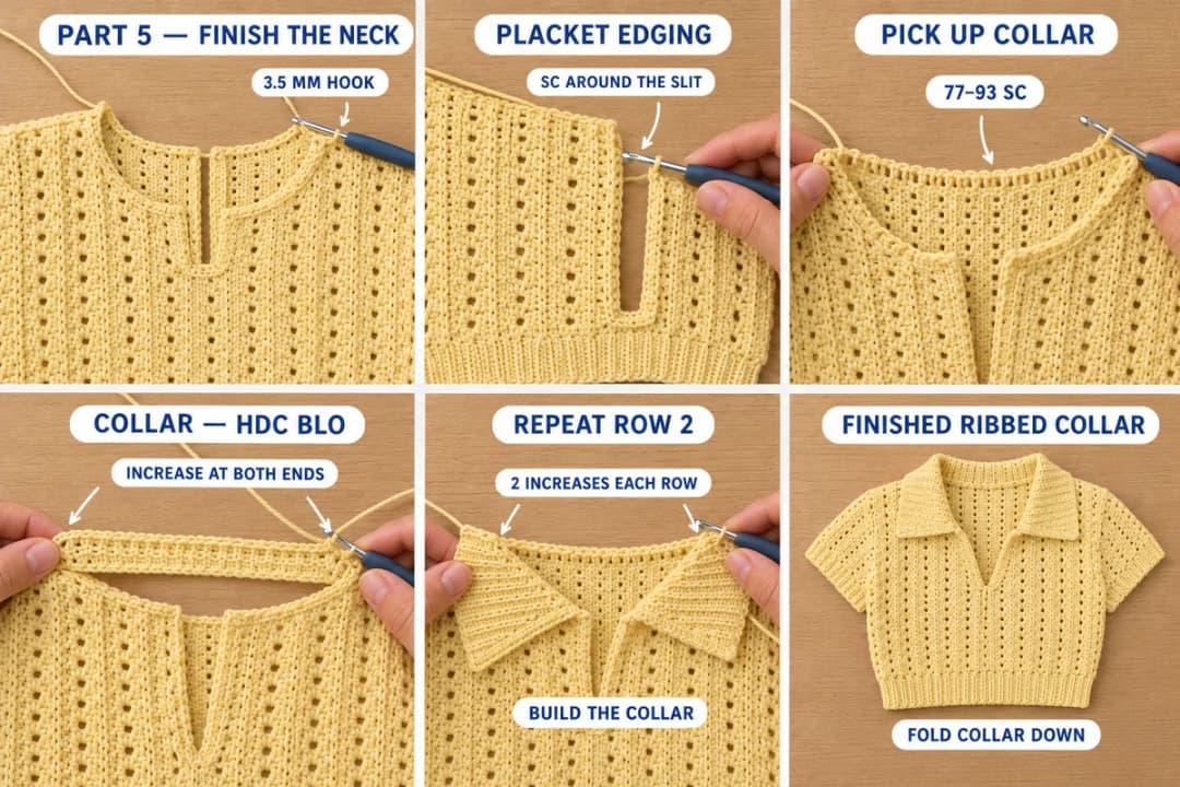 Six-step photo guide to finishing the neck of the crochet top: the 3.5 mm hook at the split neckline, single crochet edging around the slit, picking up 77 to 93 sc for the collar, the collar in half double crochet through the back loop with increases at both ends, two increases on every row to build the points, and the finished ribbed collar folded down