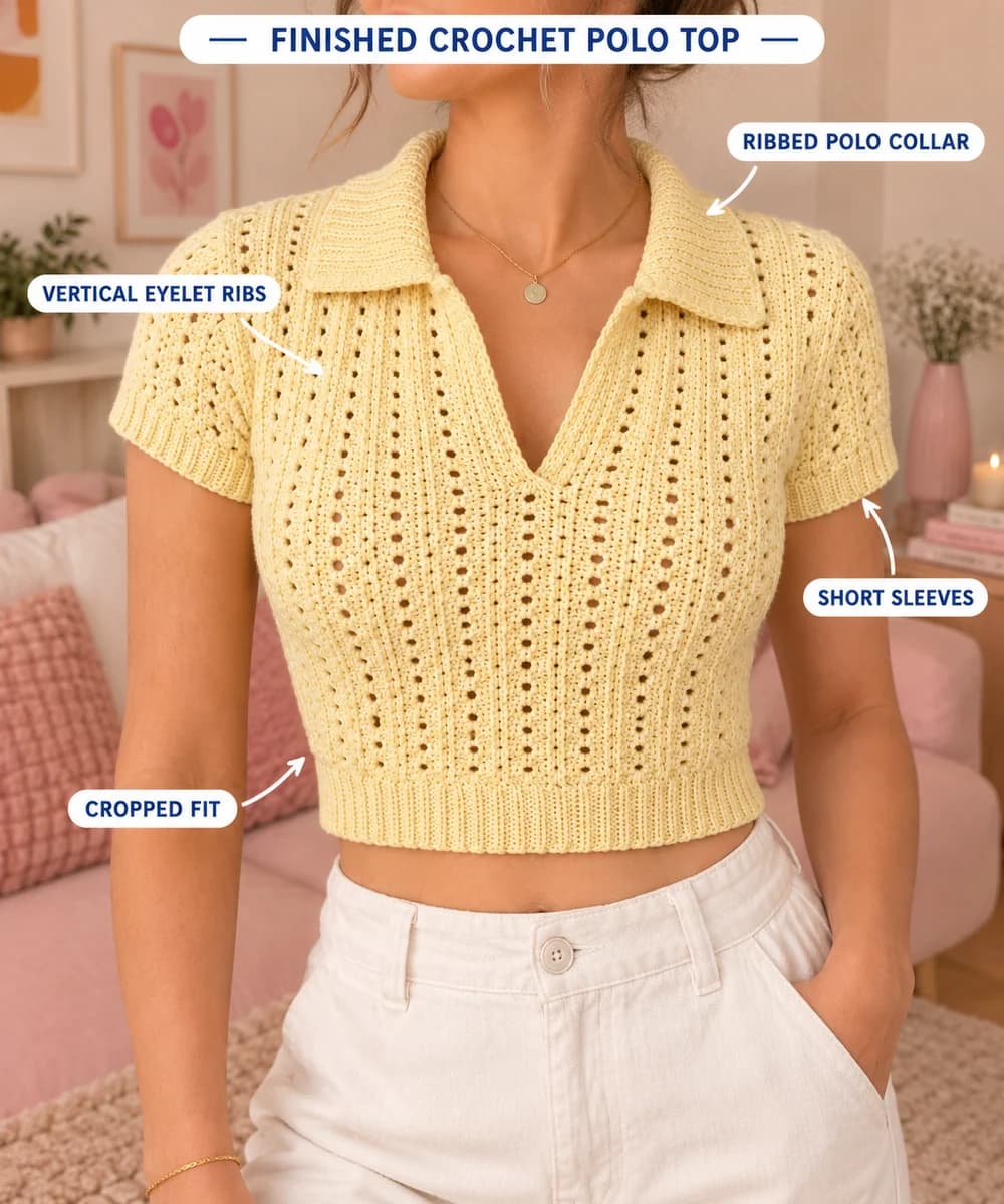 The finished butter yellow crochet polo top worn with white trousers, labeled to show the ribbed polo collar, the vertical eyelet ribs, the short sleeves and the cropped fit
