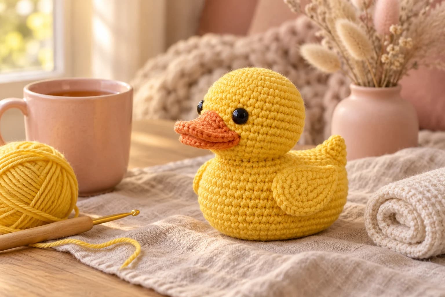 Free crochet rubber duck pattern: a classic bright yellow crochet rubber duck with a round head, small black eyes, a wide flat orange bill, two little wings and a perky tail pointing up, sitting on an oatmeal linen cloth next to a blush pink mug of tea, a ball of yellow yarn with a crochet hook and a rolled cream towel