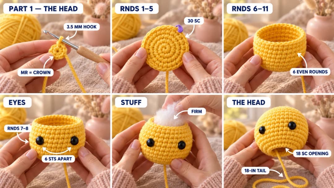 Step 1 of the crochet rubber duck pattern: a yellow magic ring of 6 single crochet on a 3.5 mm hook, a flat yellow circle of 30 stitches, the head growing into a dome, two black safety eyes placed 6 stitches apart, and the stuffed round yellow head with an open neck and a long tail