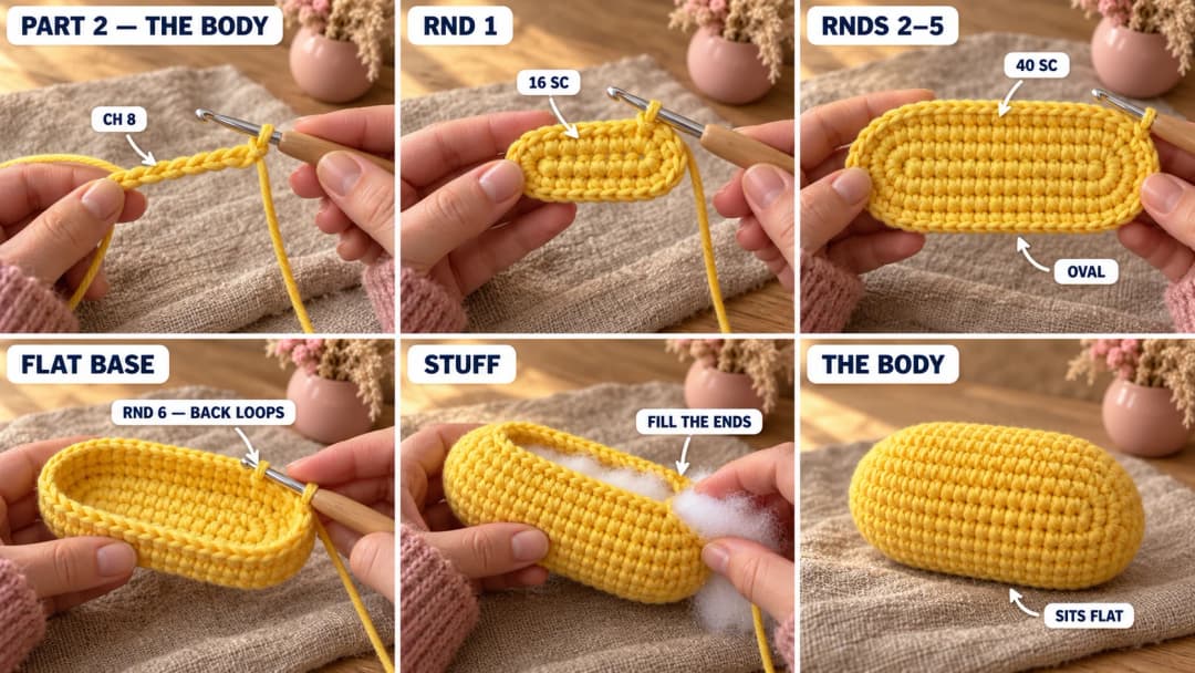 Step 2 of the crochet rubber duck pattern: a short yellow foundation chain, the first oval round worked on both sides of the chain, a flat yellow oval of 40 stitches, the back loop round that makes the flat base, the oval body being stuffed, and the closed plump yellow oval body sitting flat
