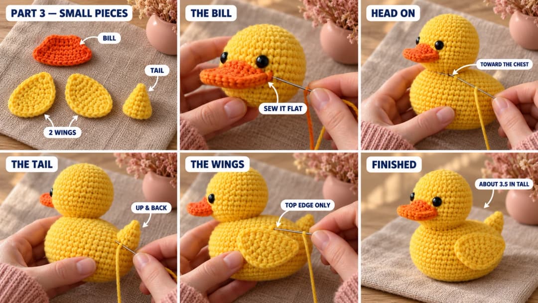 Step 3 of the crochet rubber duck pattern: a flattened orange bill, two flat yellow teardrop wings, a small yellow tail cone, the bill sewn on sideways under the eyes, the head sewn onto the chest end of the oval body, and the finished yellow rubber duck with its wings and upturned tail