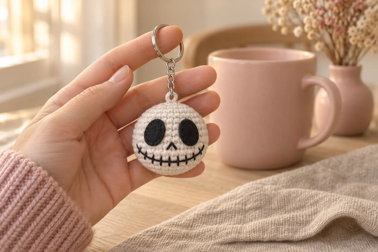 Crochet skull keychain held up by its key ring: a round white amigurumi head about 2 inches across with two big black oval eyes, a tiny black nose and a long stitched black smile with little teeth, hanging from a silver split ring and a short chain