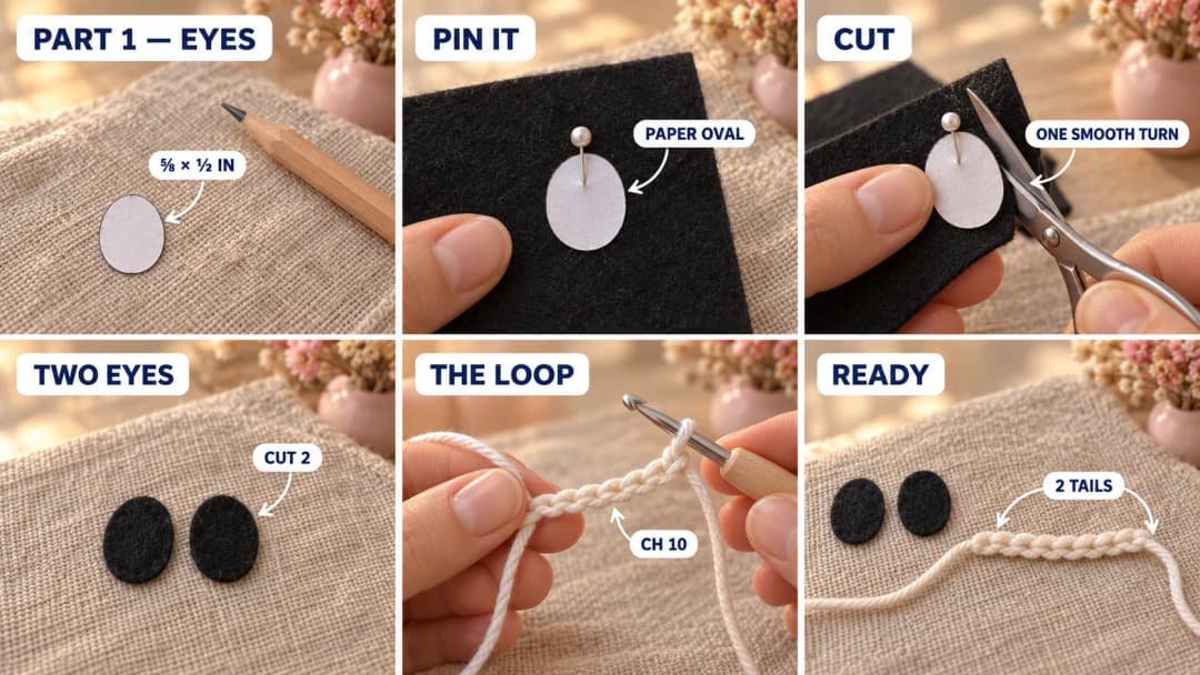 Step 1 of the crochet skull keychain: a paper oval template on black felt, sharp scissors cutting two matching black felt ovals, and a short white chain of 10 with a long tail at each end, all lying on oatmeal linen