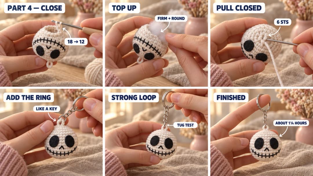 Step 4 of the crochet skull keychain: the hook working the last decrease rounds at the bottom of the ball, a tapestry needle closing the last 6 stitches, a split ring wound onto the white loop at the top of the crown, and the finished round white skull hanging from its ring with its black oval eyes, tiny nose and long stitched smile