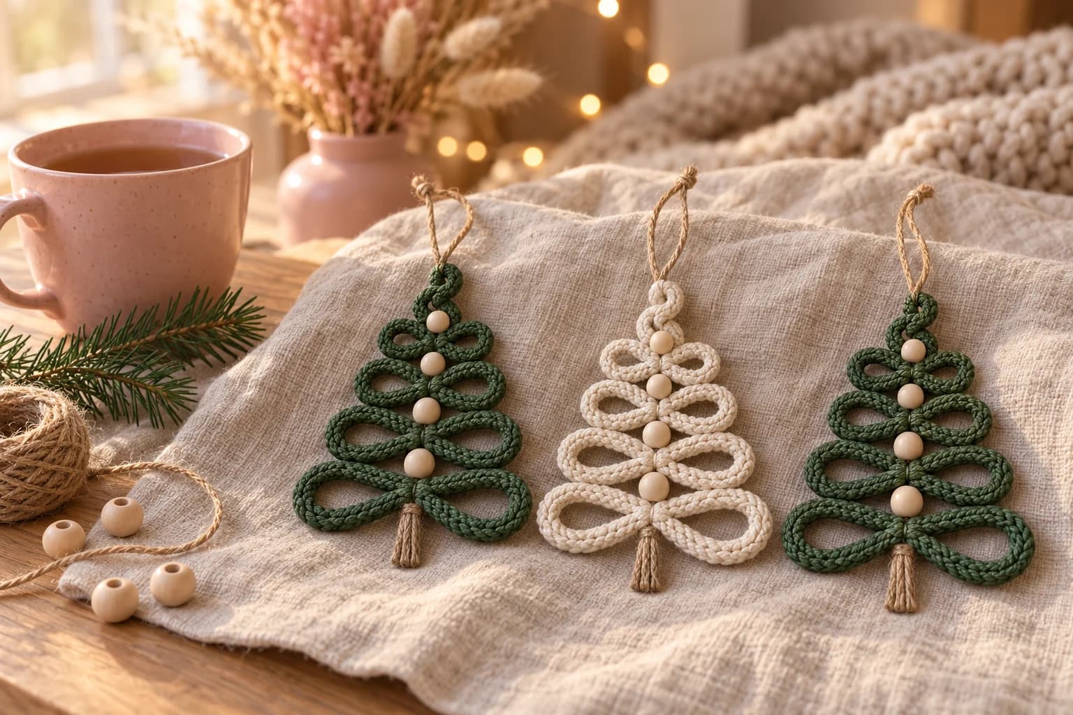 Crochet spiral Christmas tree pattern: three crochet tree ornaments, two in deep moss green and one in natural cream, lying on an oatmeal linen cloth next to a blush pink mug of tea, a sprig of pine, a ball of jute twine and loose wooden beads, each made of one thick crocheted cord looped into tiers that grow wider toward the bottom, with natural wooden beads down the center, a jute hanging loop and a short jute trunk