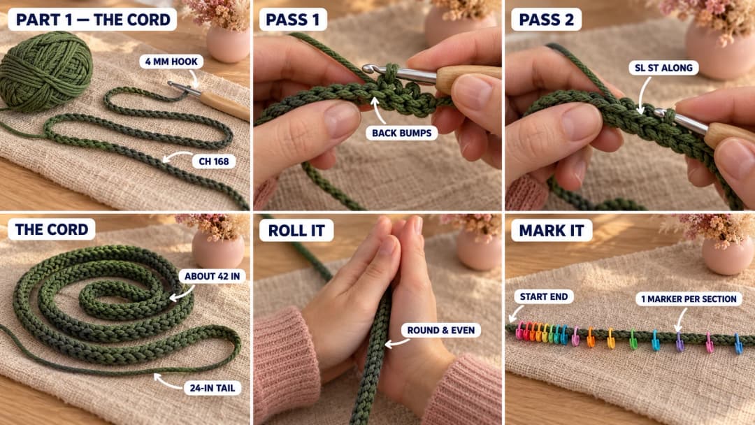 Step 1 of the crochet spiral Christmas tree pattern: a relaxed chain of 168 in green cotton, single crochet worked into the back bumps, slip stitches along the other side, the finished round cord, and the cord marked with stitch markers at each loop section