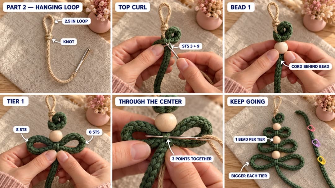 Step 2 of the crochet spiral Christmas tree pattern: a jute hanging loop with an overhand knot, the small top curl threaded on the jute, a wooden bead sliding down, the first tier's left and right loops pinched at the center, a bodkin passing through the center points, and the tree half built with three tiers and beads