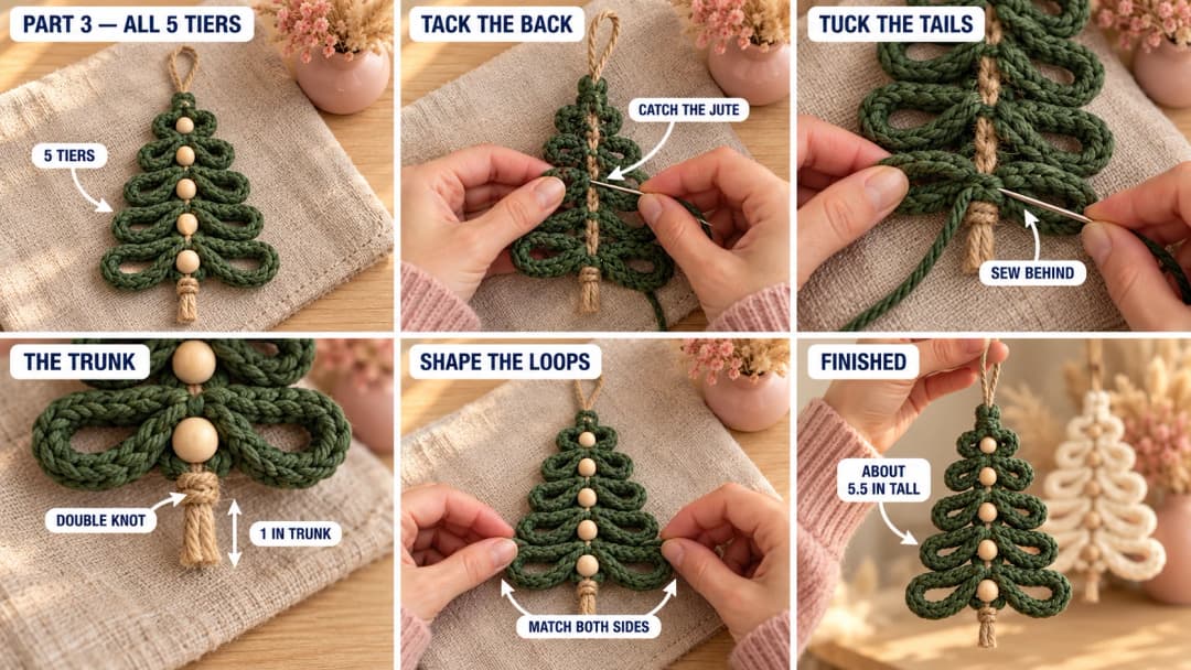 Step 3 of the crochet spiral Christmas tree pattern: the tree face down while the yarn tail tacks the center points to the jute, the cord tails sewn behind the top curl and the bottom tier, a double knot under the last tier, the trimmed jute trunk, and the finished looped tree with five wooden beads hanging from its jute loop
