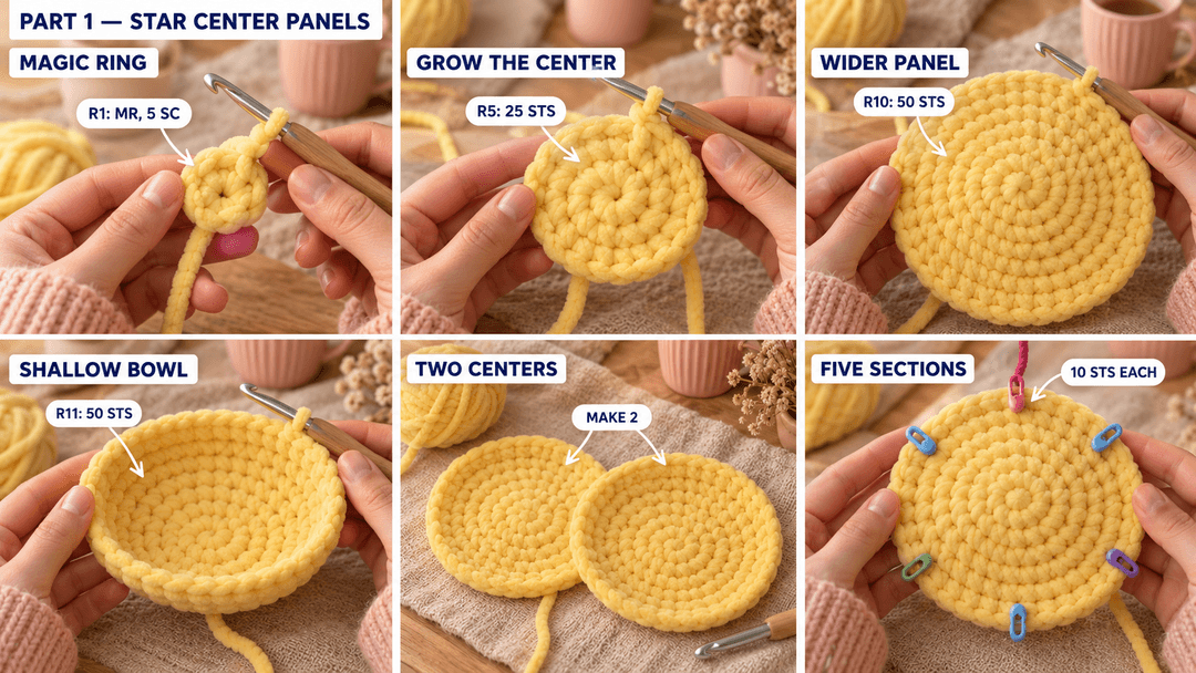 Six photos of the yellow star center panels from a five-stitch magic ring to a 50-stitch shallow bowl, two matching panels and five marked ten-stitch edge sections.