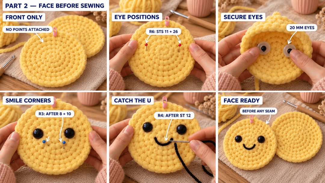 Six photos showing the eyes, washers and U-shaped smile added to the separate front panel before any star points are sewn on.