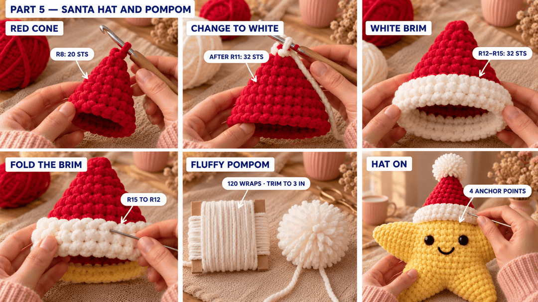 Six photos showing the red hat, white color change after R11, four 32-stitch white rounds, folded brim, cut-yarn pompom and hat attached over the upper star point.
