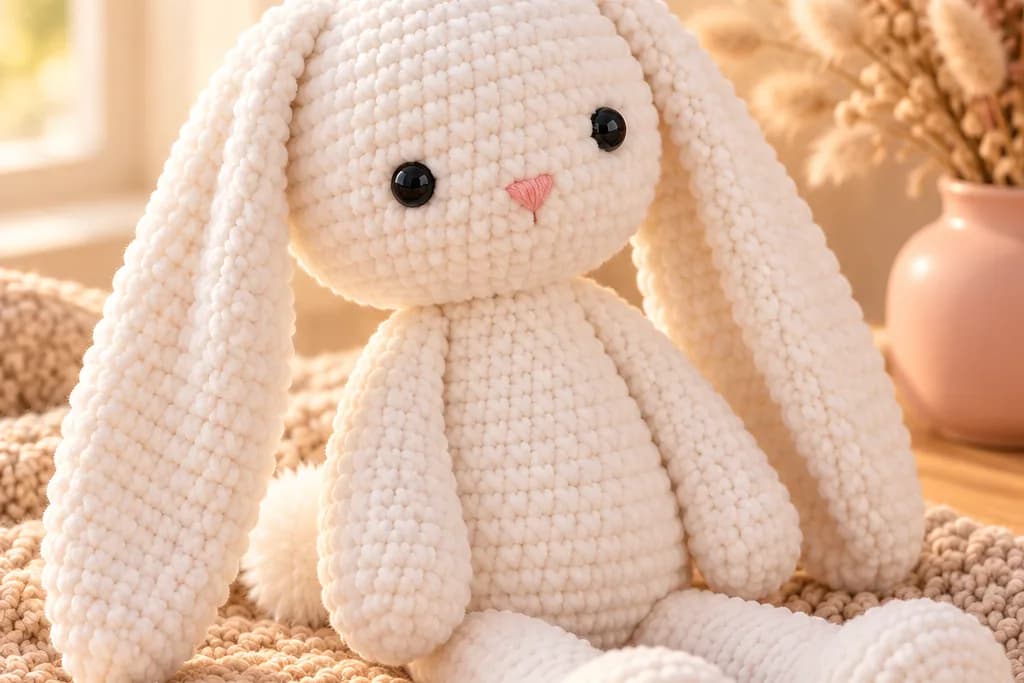 Crochet stuffed bunny: a soft white plush chenille bunny sitting on a chunky beige knit throw, with a round head, two long floppy ears hanging down past its body, two black safety eyes, a little pink stitched nose, short arms, long legs stretched out in front and a fluffy pom-pom tail peeking out behind, next to a blush pink vase of dried bunny tails